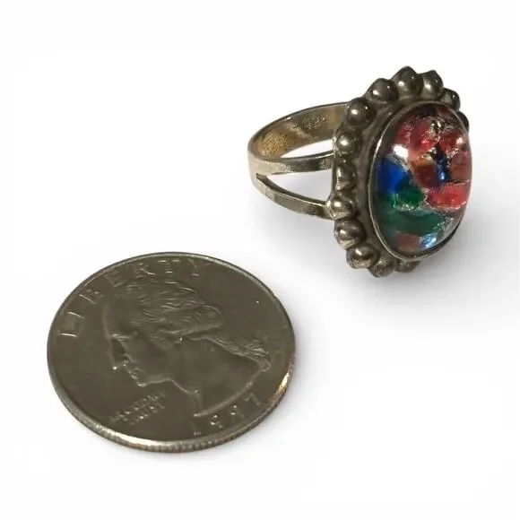 Vintage Sterling Silver Pink Blue Green Foiled Glass Ring Size 6.5 - Tarnished - Picture 4 of 5